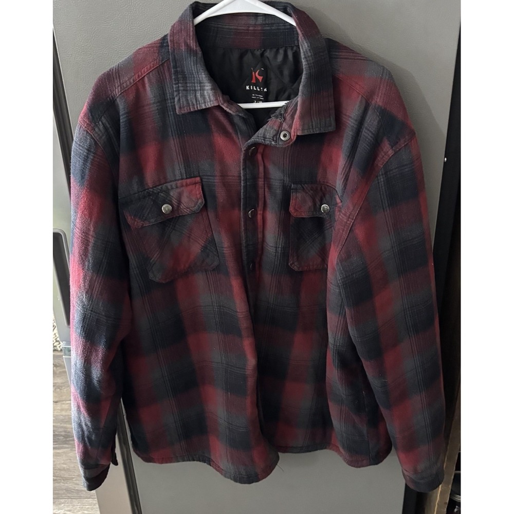 Killik Flannel Shacket Men's XL Red Black Plaid Fleece Lined Pearl Snap Heavy‎